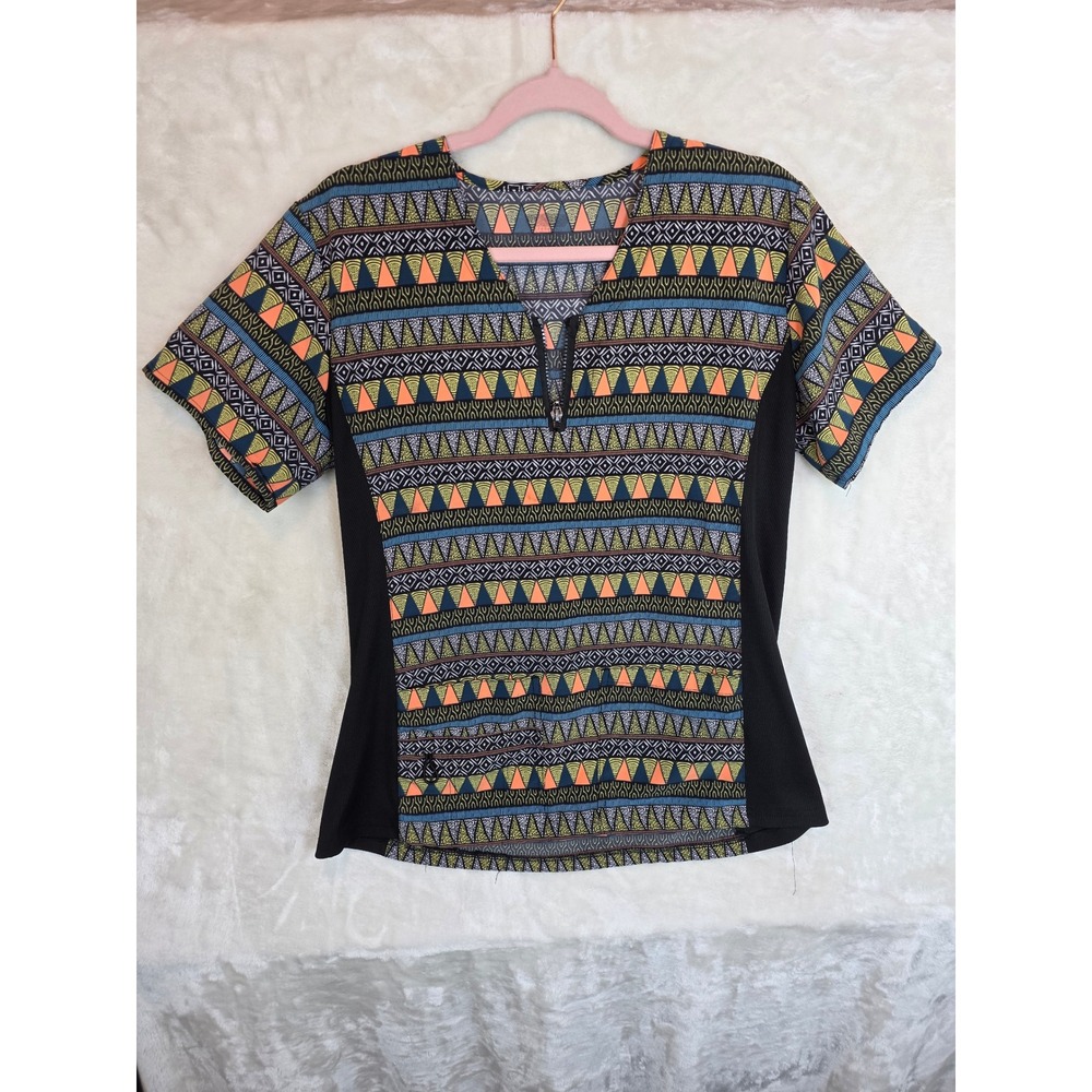 Geometric Tribal Print Scrub‎ Top Zip Neck Black Side Panels Women Large 14-16